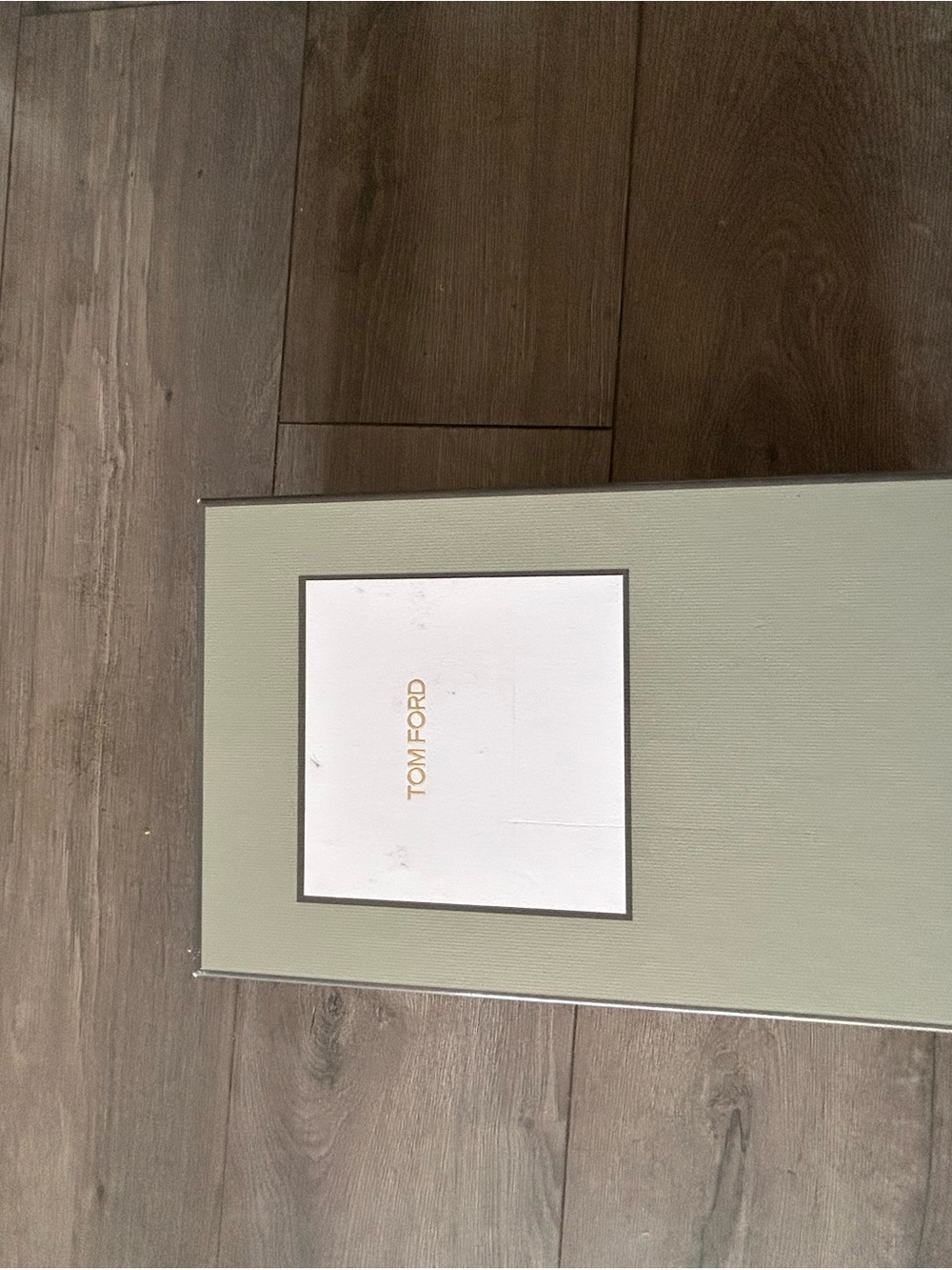 Tom Ford Sage Green Shoe Box with White Label and Gold Logo